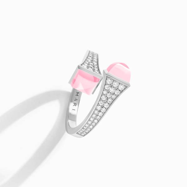 18K WHITE GOLD PINK QUARTZITE AND DIAMOND MEDIUM RING