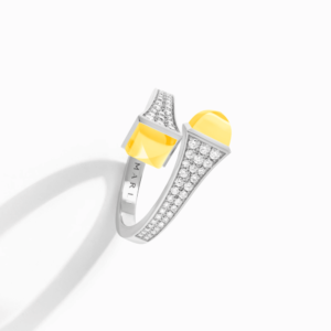 18K WHITE GOLD YELLOW QUARTZITE AND DIAMOND MEDIUM RING