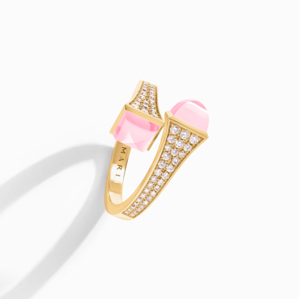 18K YELLOW GOLD PINK QUARTZITE AND DIAMOND MEDIUM RING