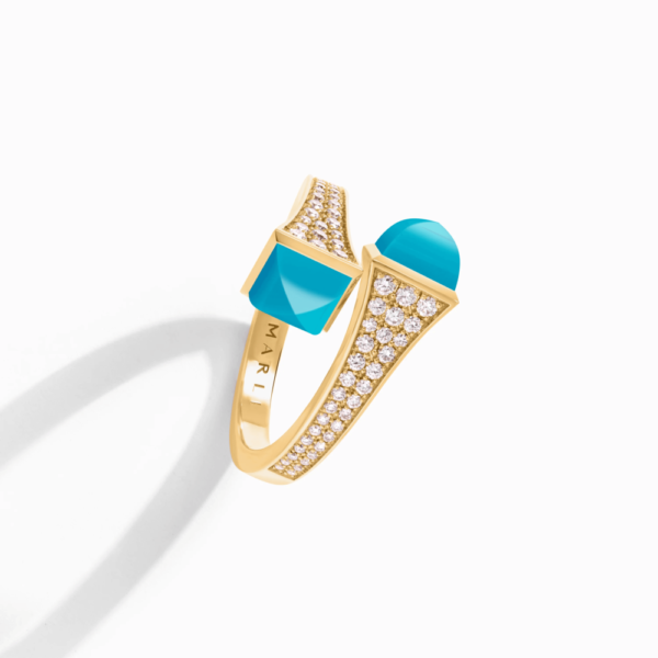 18K YELLOW GOLD TURQUOISE AND DIAMOND MEDIUM RING