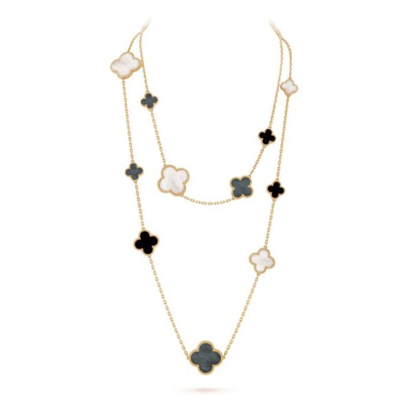 18K YELLOW GOLD 16 MOTIF MOTHER OF PEARL AND ONYX NECKLACE