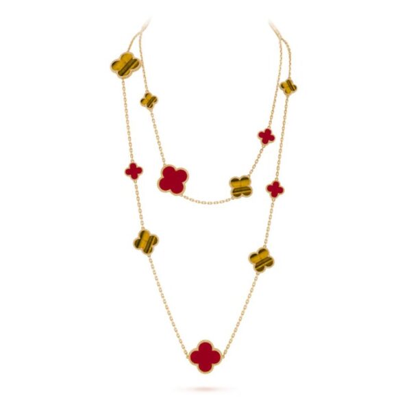 18K YELLOW GOLD 16 MOTIF CARNELIAN AND TIGER'S EYE NECKLACE