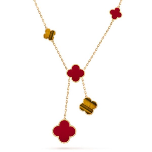 18K YELLOW GOLD 6 MOTIF CARNELIAN AND TIGER'S EYE NECKLACE