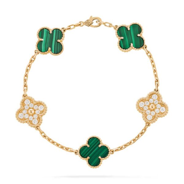 18K YELLOW GOLD 5 MOTIF MALACHITE AND DIAMOND BRACELET