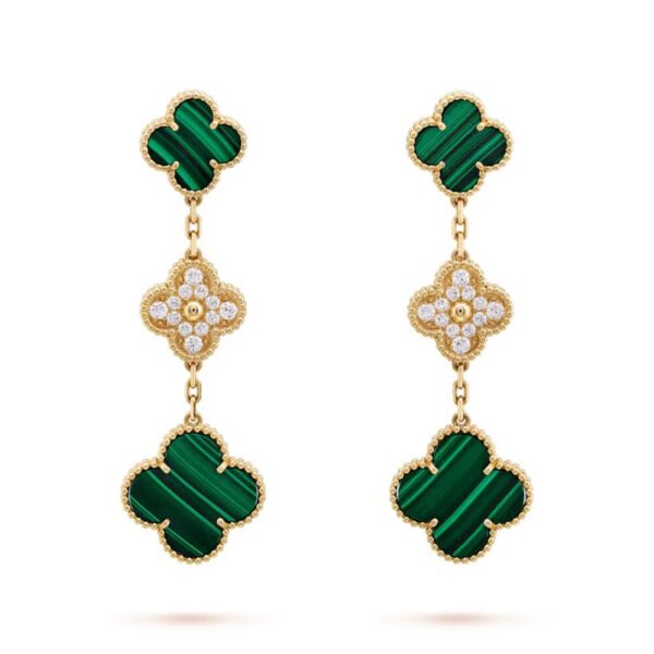 18K YELLOW GOLD 3 MOTIF MALACHITE AND DIAMOND EARRING