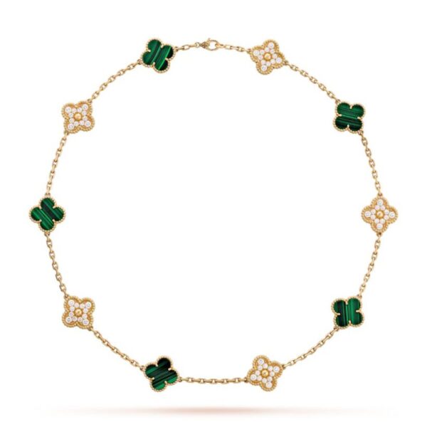 18K YELLOW GOLD 10 MOTIF MALACHITE AND DIAMOND NECKLACE