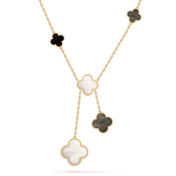18K YELLOW GOLD 6 MOTIF MOTHER OF PEARL AND ONYX NECKLACE
