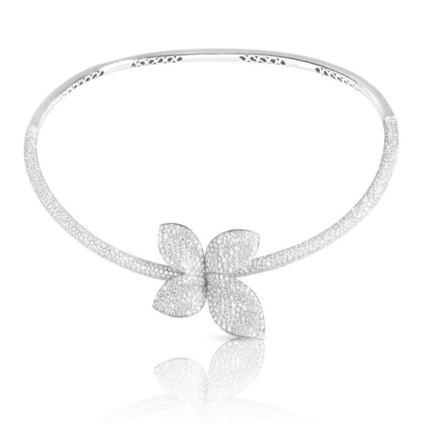 18K WHITE GOLD PAVE DIAMOND SINGLE FLOWER CHOKER NECKLACE