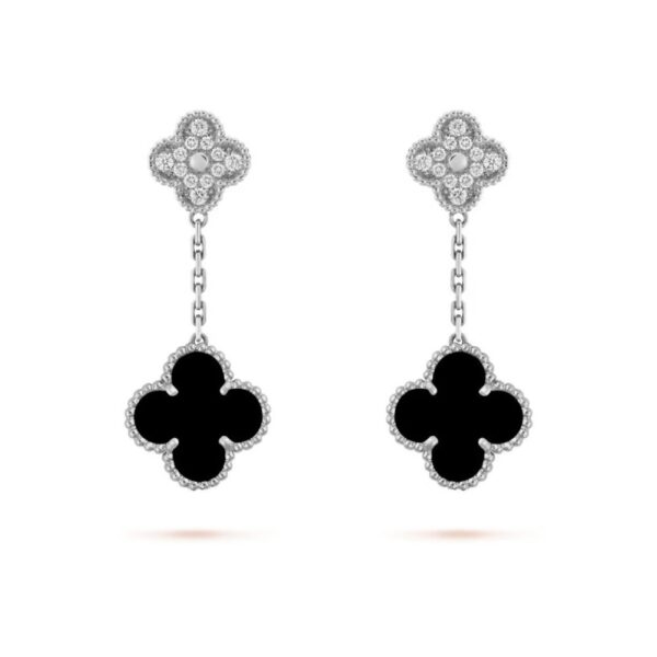 18K WHITE GOLD 2 MOTIF ONYX AND DIAMOND EARRING