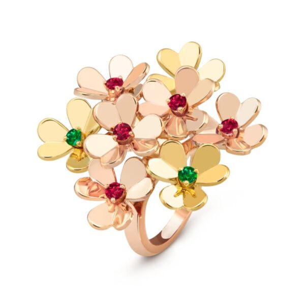 18K ROSE AND YELLOW GOLD 8 FLOWER RUBY AND EMERALD RING
