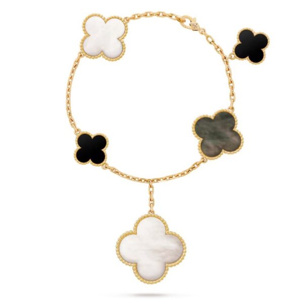 18K YELLOW GOLD 5 MOTIF MOTHER OF PEARL AND ONYX BRACELET