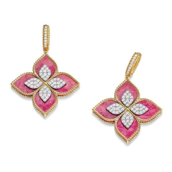 18K YELLOW GOLD PINK RHODONITE AND DIAMOND EARRING