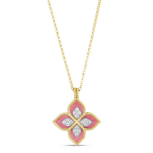 18K YELLOW GOLD PINK RHODONITE AND DIAMOND NECKLACE