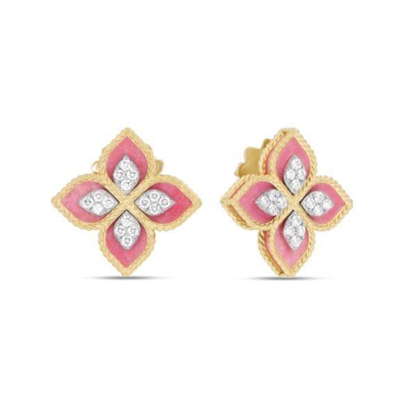 18K YELLOW GOLD PINK RHODONITE AND DIAMOND EARRING