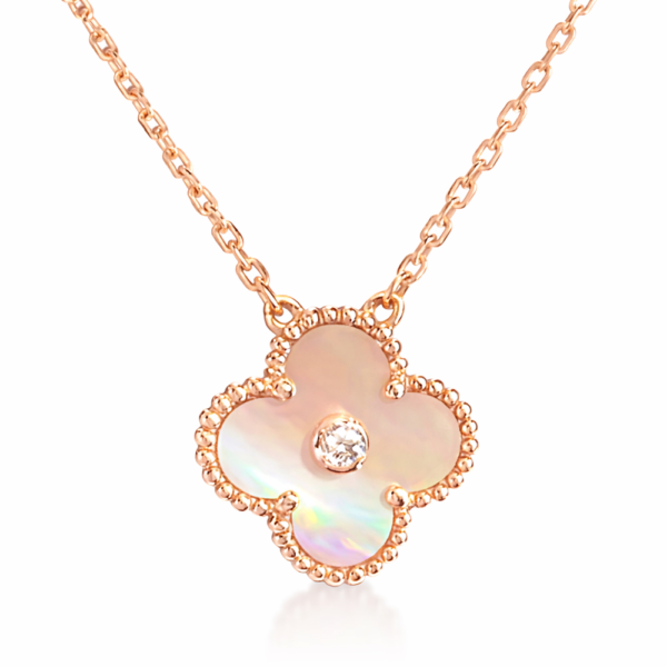 18K ROSE GOLD 15MM PINK MOTHER OF PEARL AND DIAMOND NECKLACE