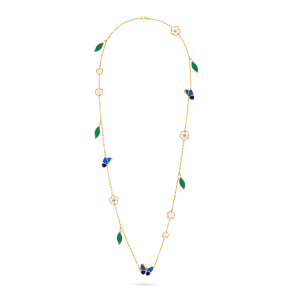 18K YELLOW GOLD 15 MOTIF AGATE, MOTHER OF PEARL AND LAPIS LAZULI NECKLACE