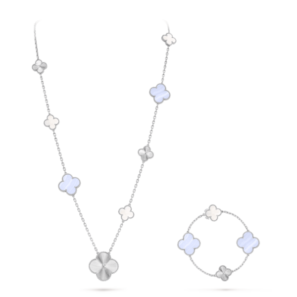 18K WHITE GOLD 15 MOTIF MOTHER OF PEARLAND CHALCEDONY TRANSFORMABLE NECKLACE